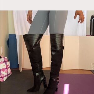 Black Over the Knee Boots with Glossy Finish, and crocodile pattern on top